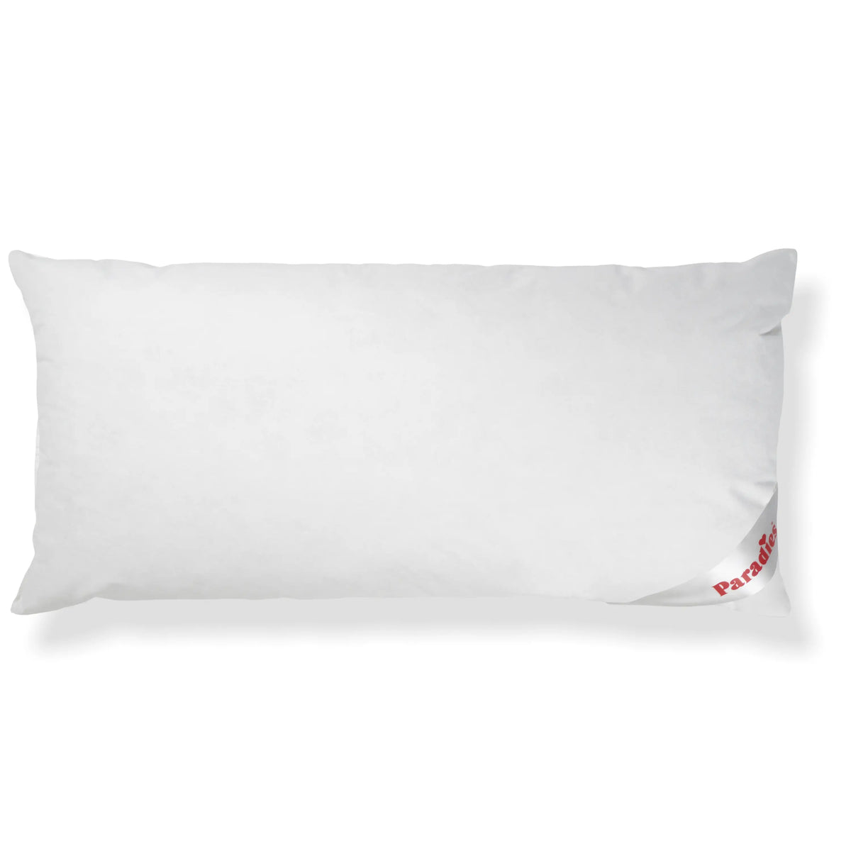 Rechteckiges weißes Kissen mit rotem Schriftzug am unteren rechten Rand #größe_40x80 cm