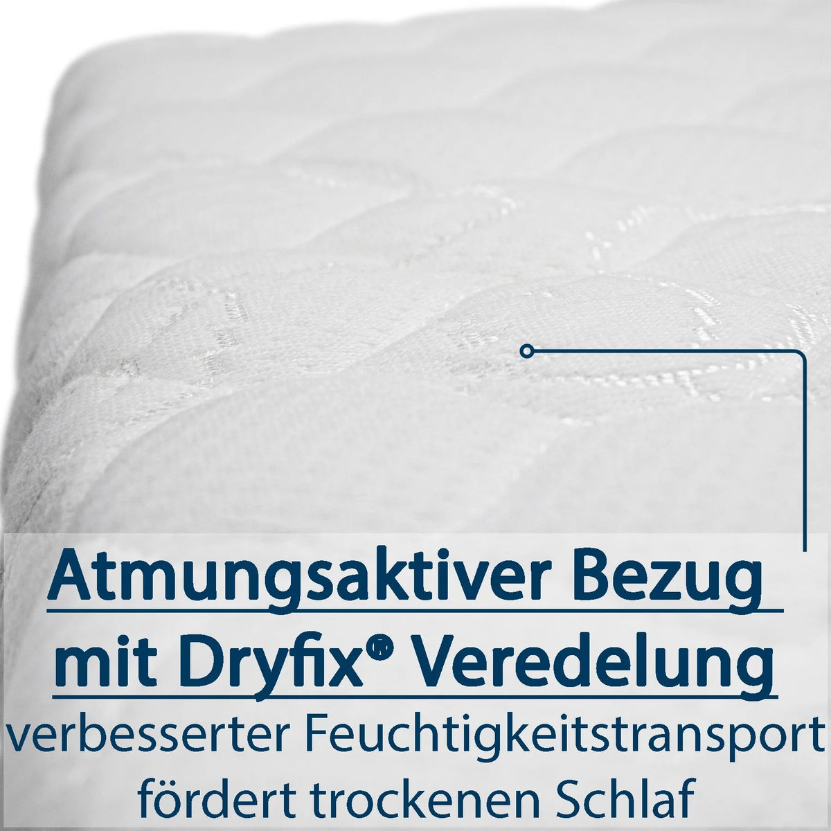 Nahaufnahme eines weißen Matratzenbezugs mit sichtbarer Steppung und eingeprägtem Muster