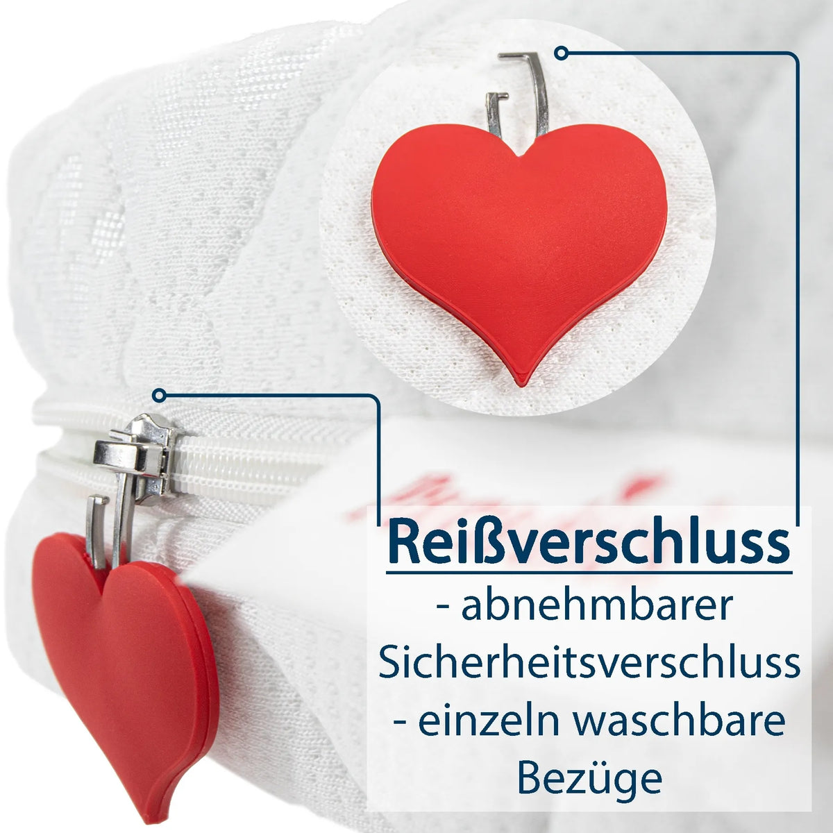 Nahaufnahme eines weißen Reißverschlusses mit rotem herzförmigem Anhänger an einem Stoffbezug