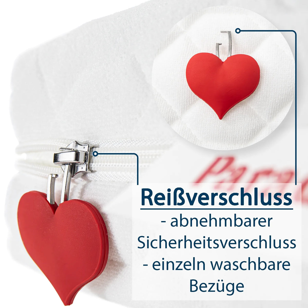Nahaufnahme eines weißen Reißverschlusses mit rotem Herz als abnehmbarem Sicherheitsverschluss und Text mit Produktmerkmalen