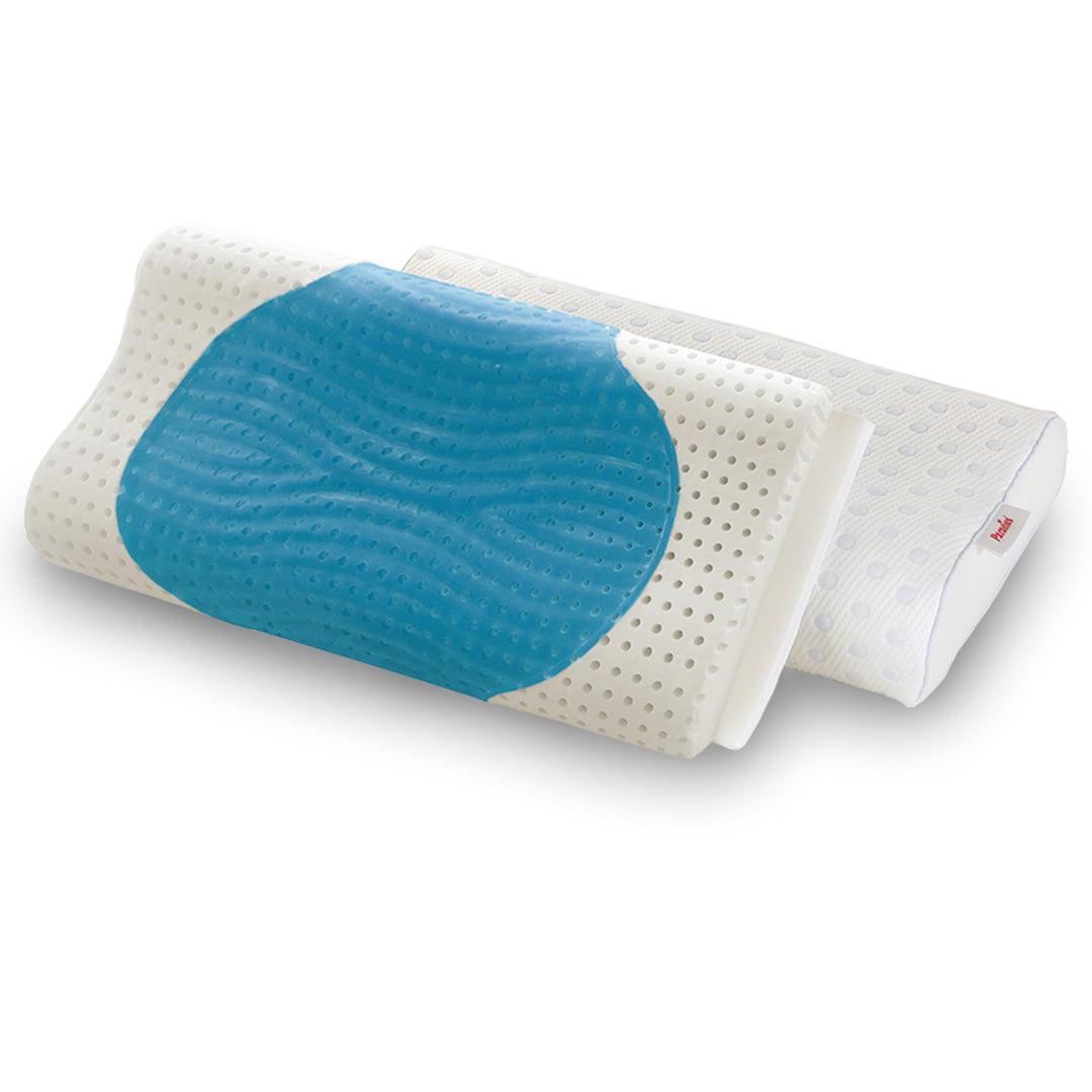 Zwei weiße ergonomische Nackenstützkissen mit gelochter Oberfläche, eines mit blauem Gelpolster in der Mitte